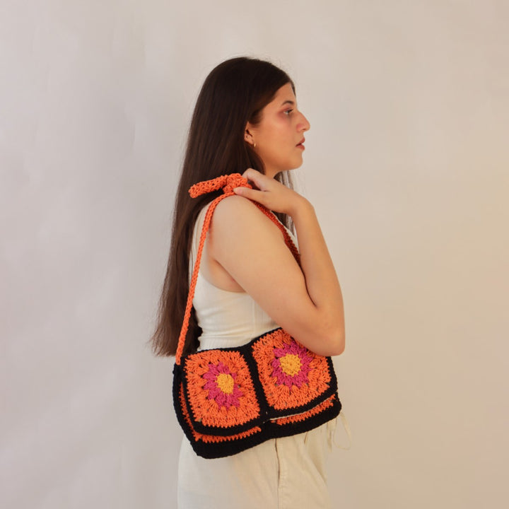 Floral Mini Sling Bag | Hand-Crochet | Cotton Yarn | Rust & Black