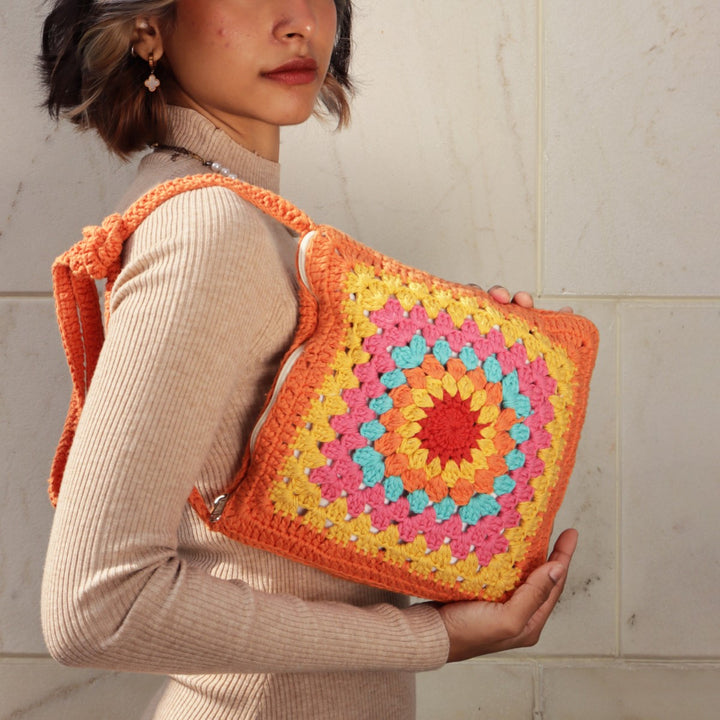 Granny Square Mini Sling Bag | Hand-Crochet | Cotton | Rust