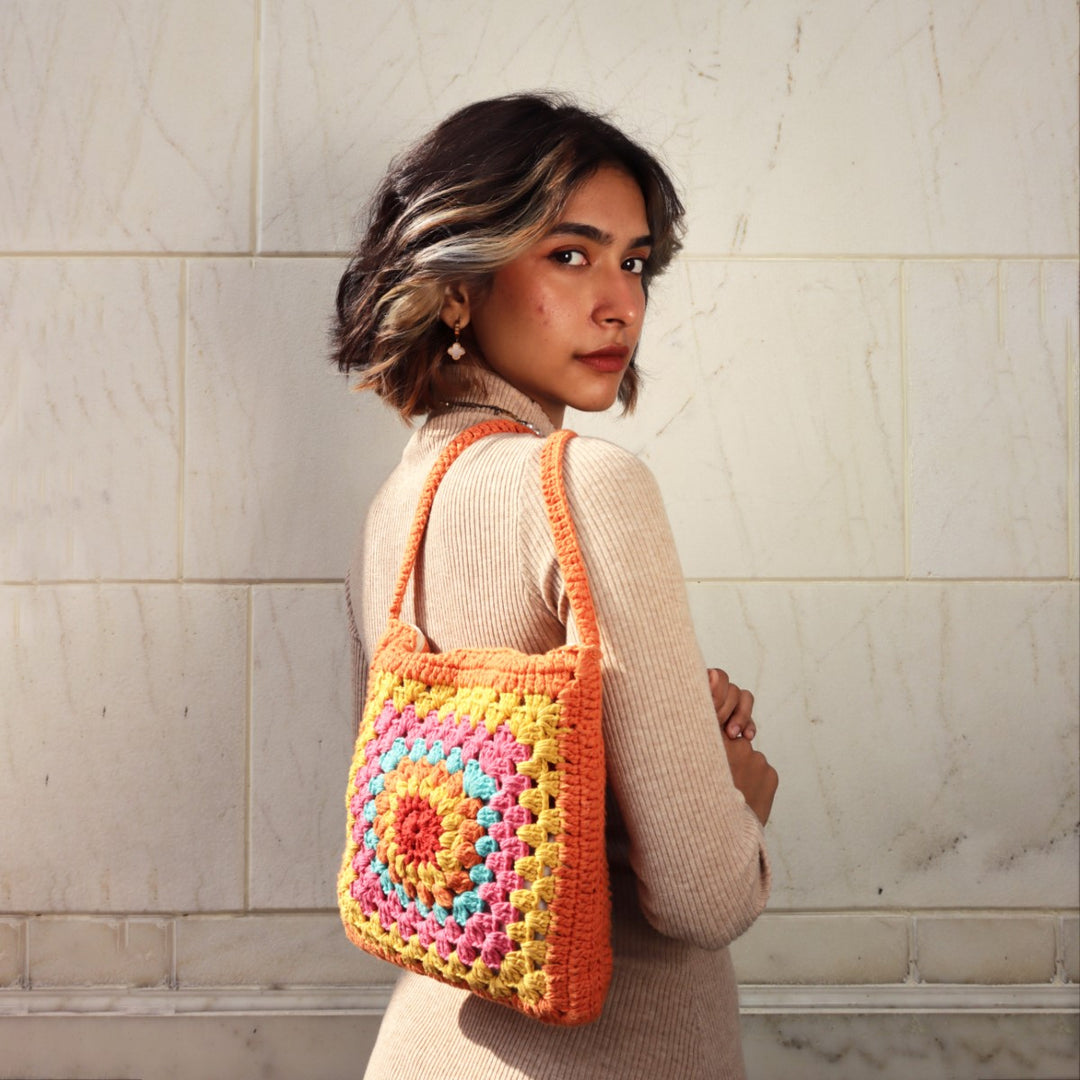 Granny Square Mini Sling Bag | Hand-Crochet | Cotton | Sustainable | Rust