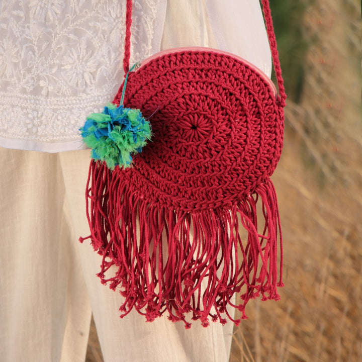 Long Tasseled Mini Sling Bag | Hand-Crochet | Cotton Yarn | Crimson Red