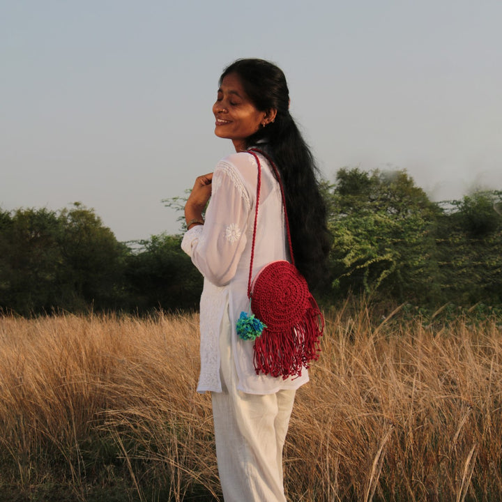 Long Tasseled Mini Sling Bag | Hand-Crochet | Cotton Yarn | Crimson Red