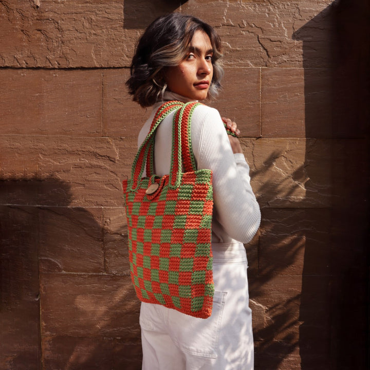 Checkered Tote Hand Bag | Hand-Crochet | Cotton Yarn | Rust & Fern Green