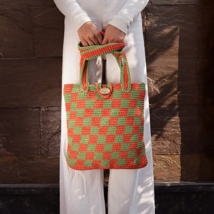 Checkered Tote Hand Bag | Hand-Crochet | Cotton Yarn | Rust & Fern Green