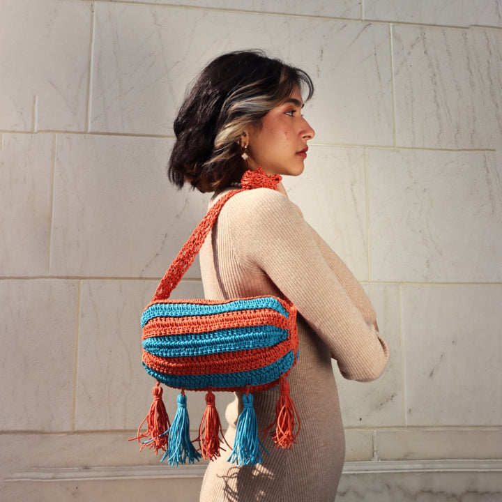 Duffel Mini Sling Bag | Hand-Crafted & Crochet | Cotton Yarn | Turquoise & Rust