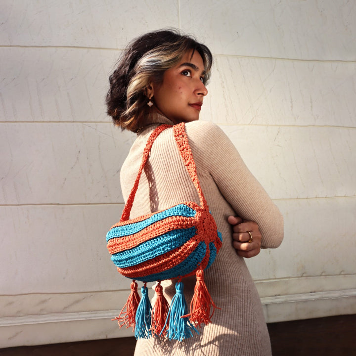 Duffel Mini Sling Bag | Hand-Crafted & Crochet | Cotton Yarn | Turquoise & Rust