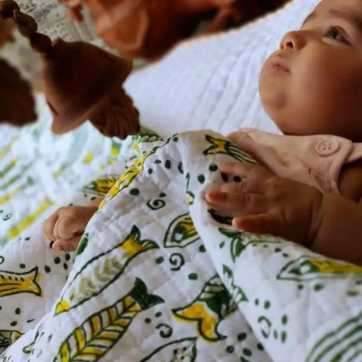 Infants Muslin Blanket | Lightweight | Green And Yellow | Hand Block Print of Fish