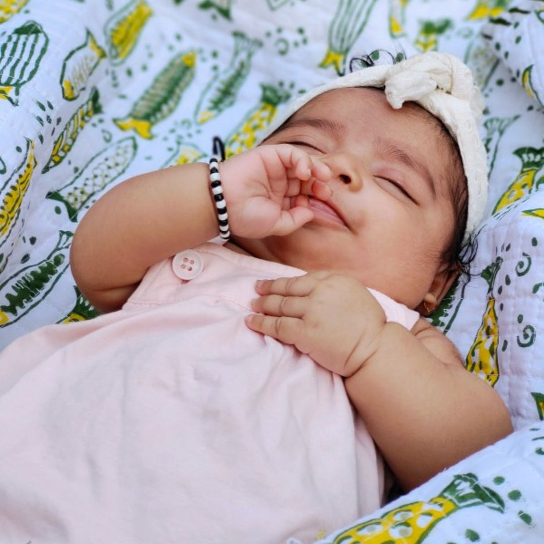 Infants Muslin Blanket | Lightweight | Green And Yellow | Hand Block Print of Fish