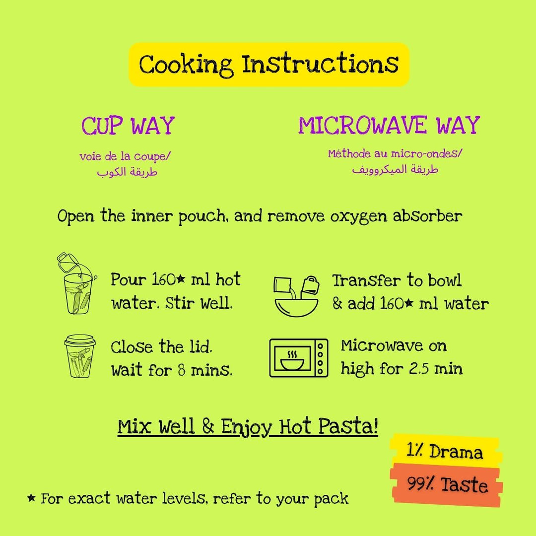 Get ready in 10 minutes, Pasta is ready before you are dressed. Easy to carry, convenient to eat. 