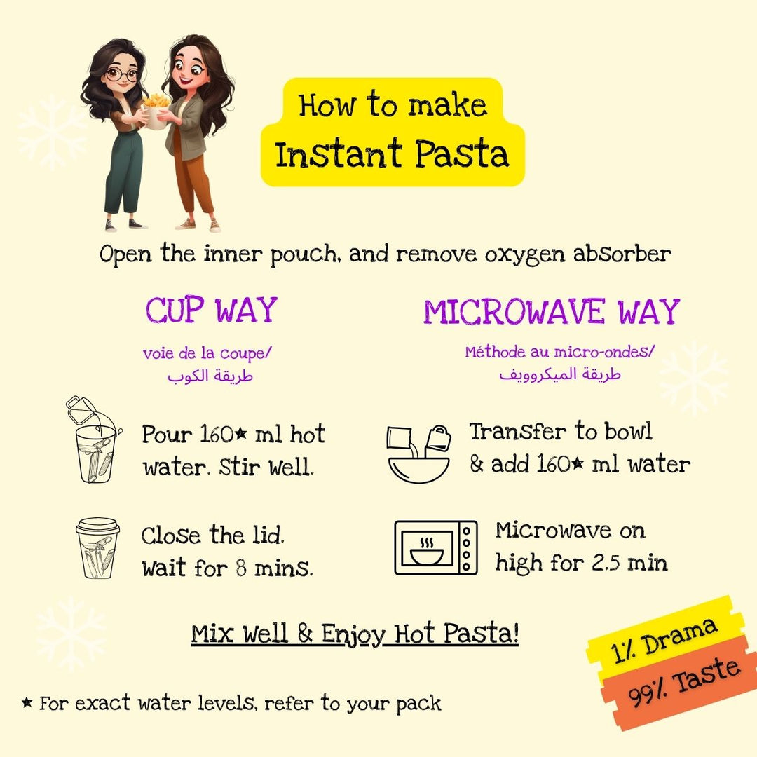 Get ready in 10 minutes, Pasta is ready before you are dressed. Easy to carry, convenient to eat. Cooking using hot water or cook it in microwave, convenience is yours.