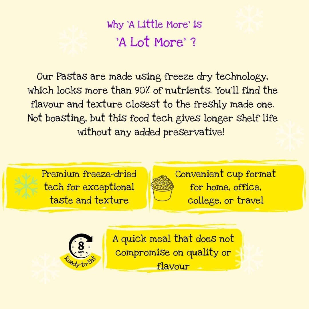 A Little More Instant Pasta is better than many other instant food formats like instant or cuppa noodles. Instant Pasta uses freeze drying technology which is the latest and most advanced tech in food  technology. Most of the noodles that we eat are dehydrated, some of them are fried too! Same with the wheat version. So choose wisely, you have multiple flavours to choose from. 1% Drama to cook and what you get back is 99% Taste. 