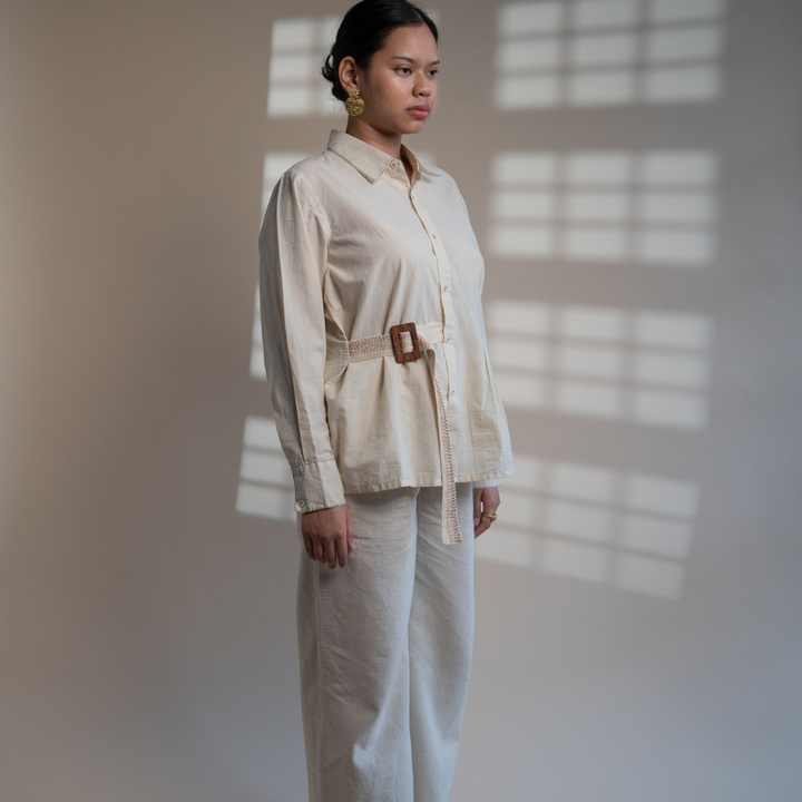 Ivory Belt Shirt | Easygoing Charm | Crafted with Kantha Detailing