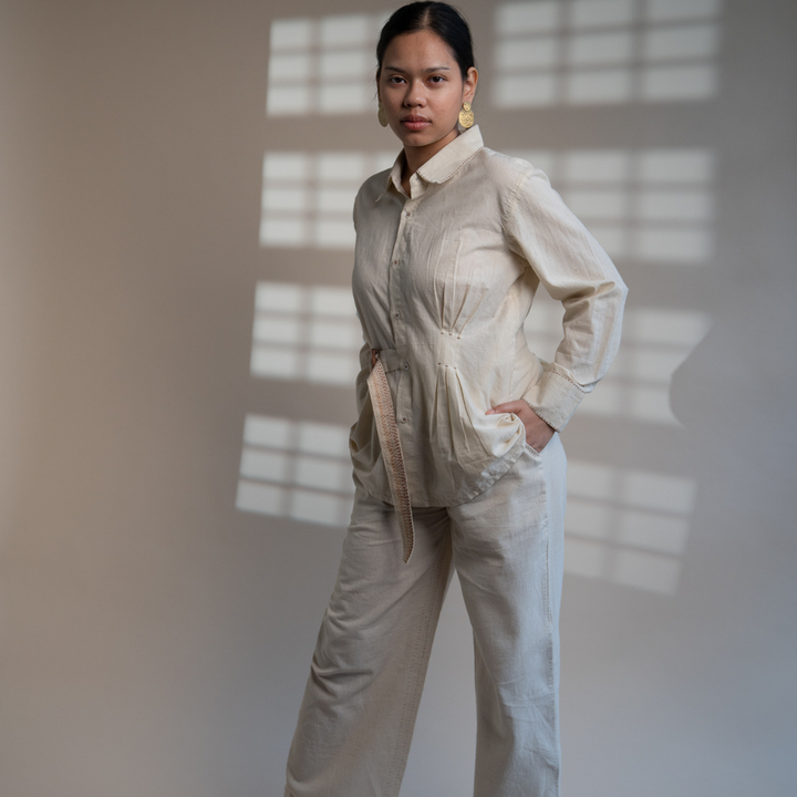 Ivory Belt Shirt | Easygoing Charm | Crafted with Kantha Detailing