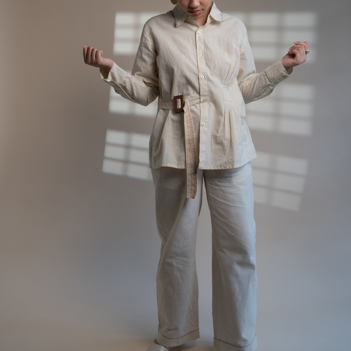 Ivory Belt Shirt | Easygoing Charm | Crafted with Kantha Detailing