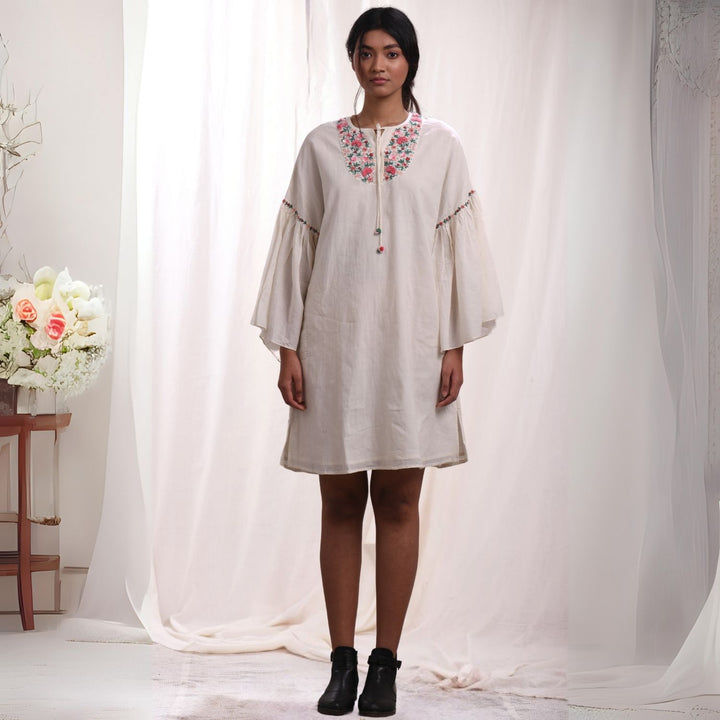 Ivory Kimono Sleeve Dress | Floral Hand Embroidery | Cotton Muslin | Comfy Fit
