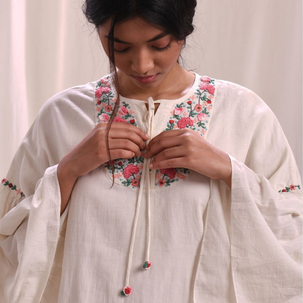 Ivory Kimono Sleeve Dress | Floral Hand Embroidery | Cotton Muslin | Comfy Fit