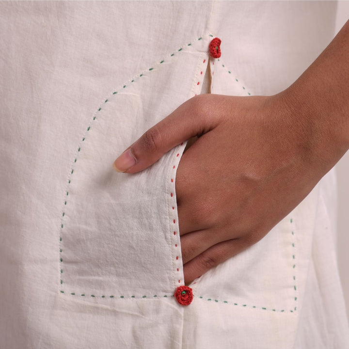 Ivory Kimono Sleeve Dress | Floral Hand Embroidery | Cotton Muslin | Comfy Fit