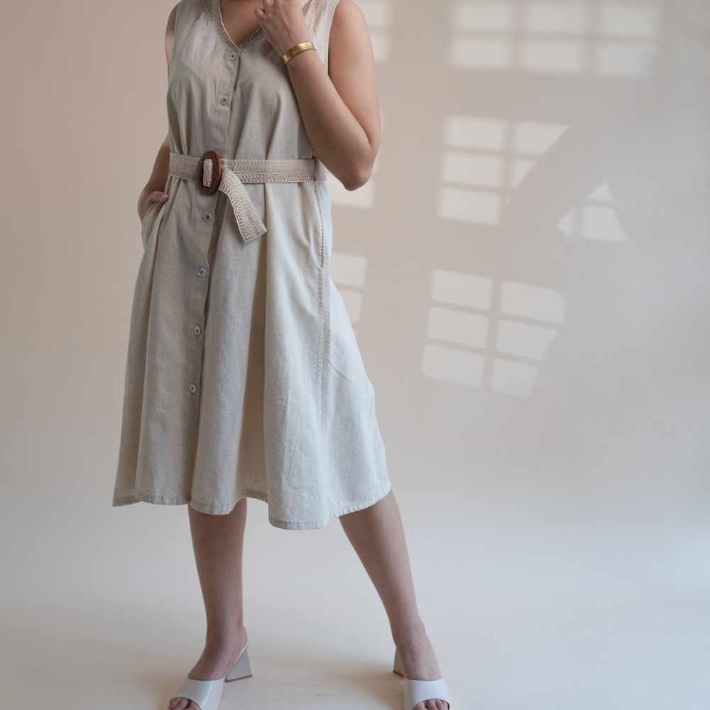 Ivory Trench Dress | Kantha Embroidered | Timeless Style for Every Day