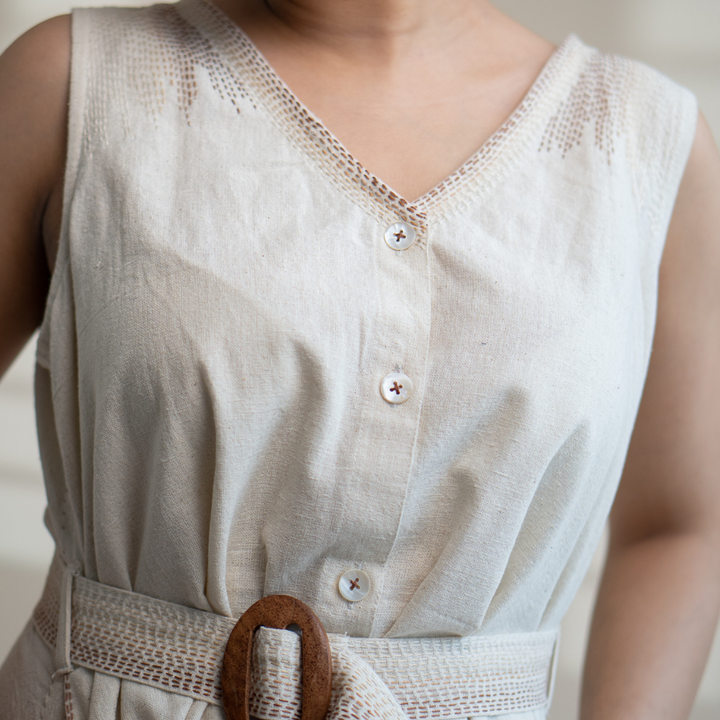 Ivory Trench Dress | Kantha Embroidered | Timeless Style for Every Day