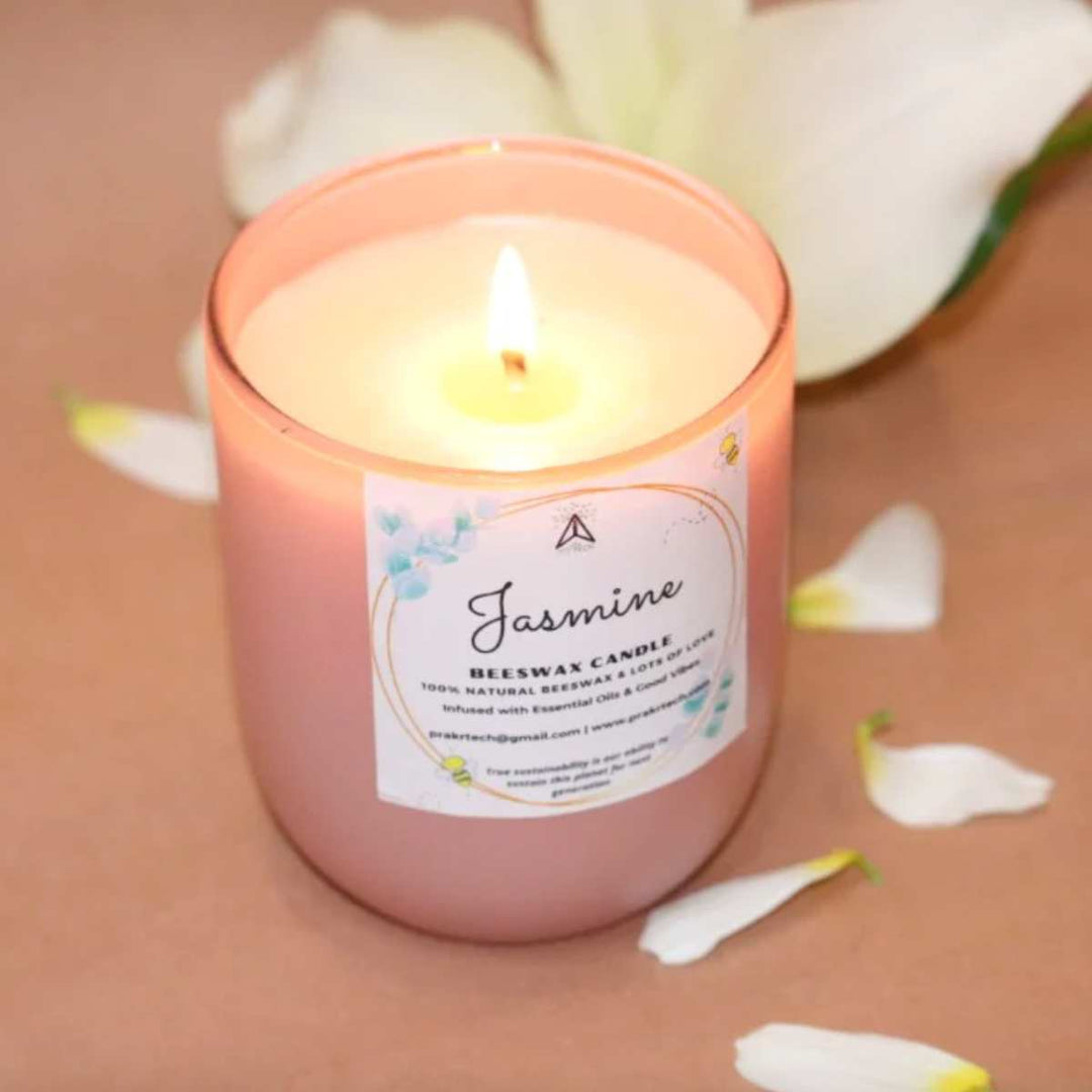 Floral Scented Beeswax Candle In Pink Glass Jar | Smoke-Free | Jasmine
