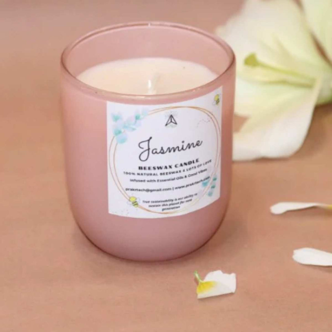 Floral Scented Beeswax Candle In Pink Glass Jar | Smoke-Free | Jasmine