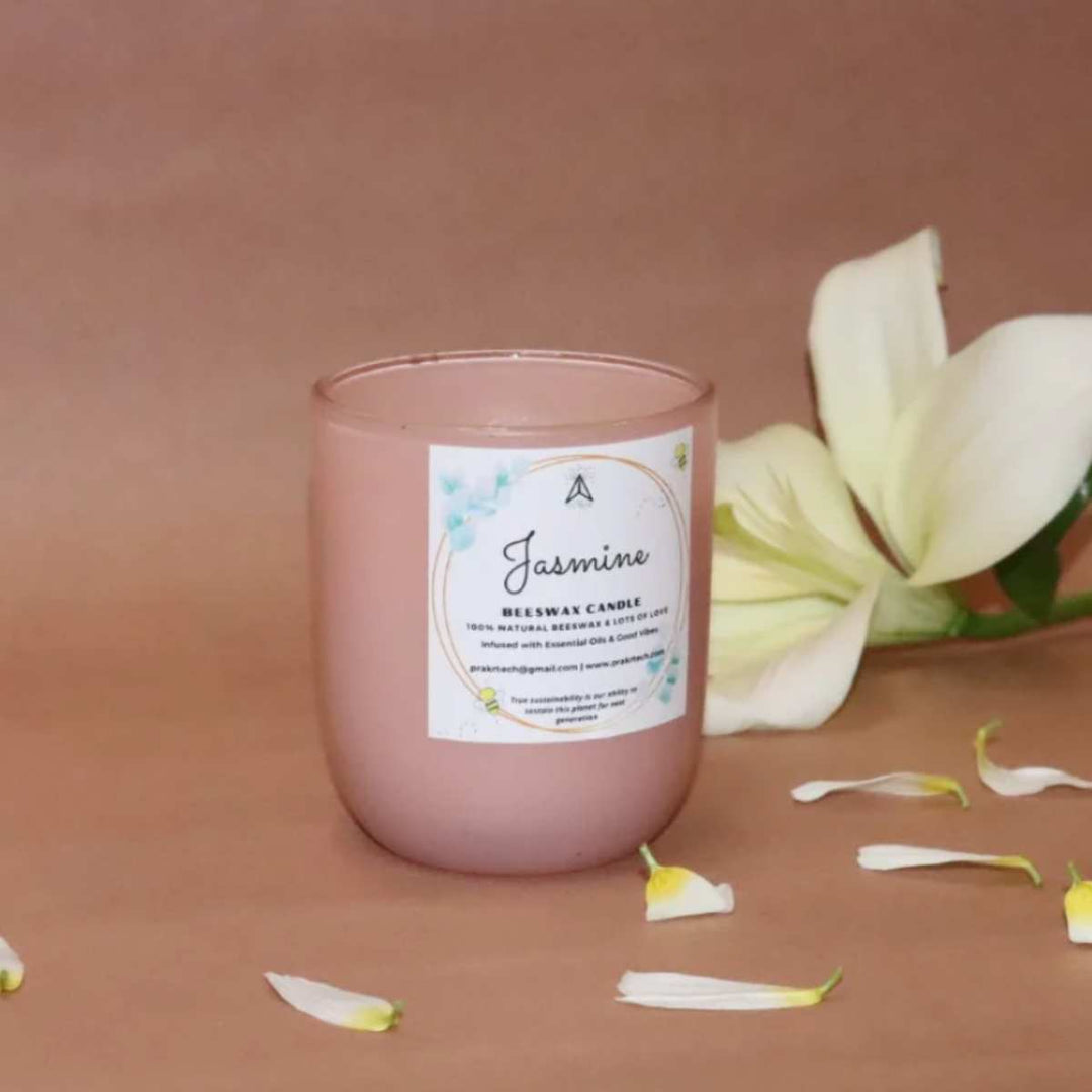 Floral Scented Beeswax Candle In Pink Glass Jar | Smoke-Free | Jasmine