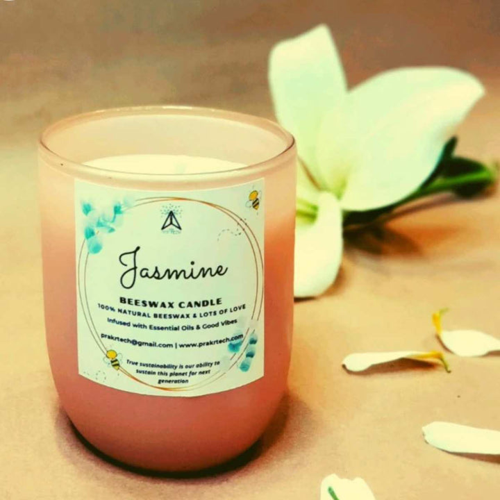 Floral Scented Beeswax Candle In Pink Glass Jar | Smoke-Free | Jasmine