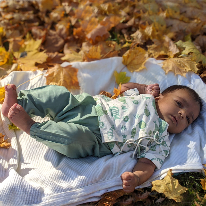 Organic Cotton Tops & Pant Set For Infants | Mint Green & Off-White | Pack of 3