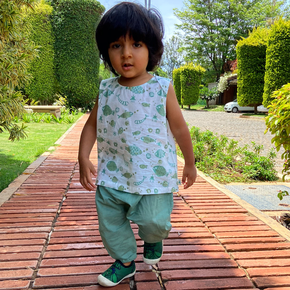 Mint Green Top Pant Set For Kids | Hand Block Fish Printed Organic Cotton