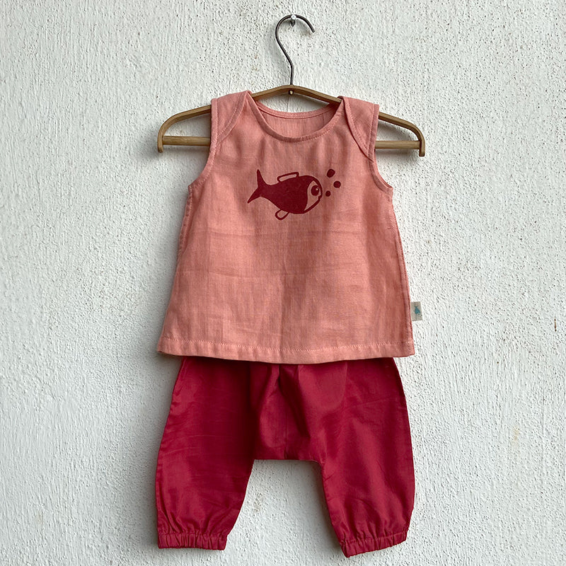 Fish Embroidered Peach Top with Red Pant Set for Toddlers | Natural & Organic Cotton