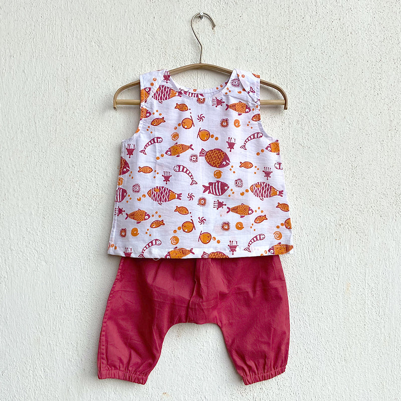 White Top & Red Pant Set For Kids | Hand Block Fish Printed Organic Cotton