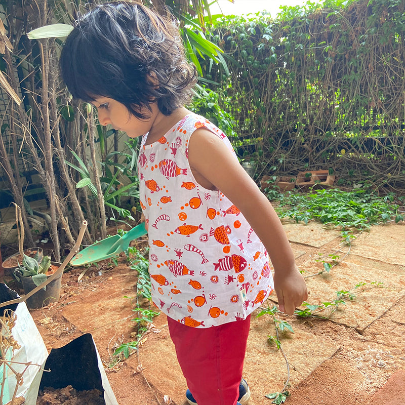 White Top & Red Pant Set For Kids | Hand Block Fish Printed Organic Cotton