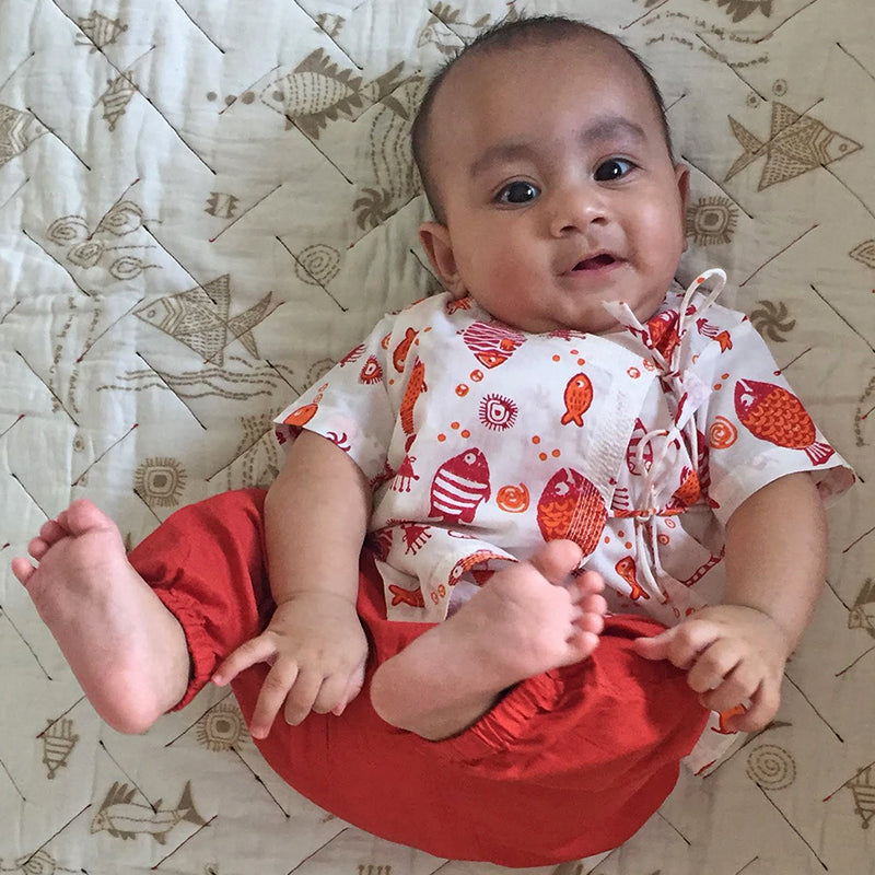 Red And Yellow Angrakha Tops for Infants | Hand-block Printed | Pack of 2