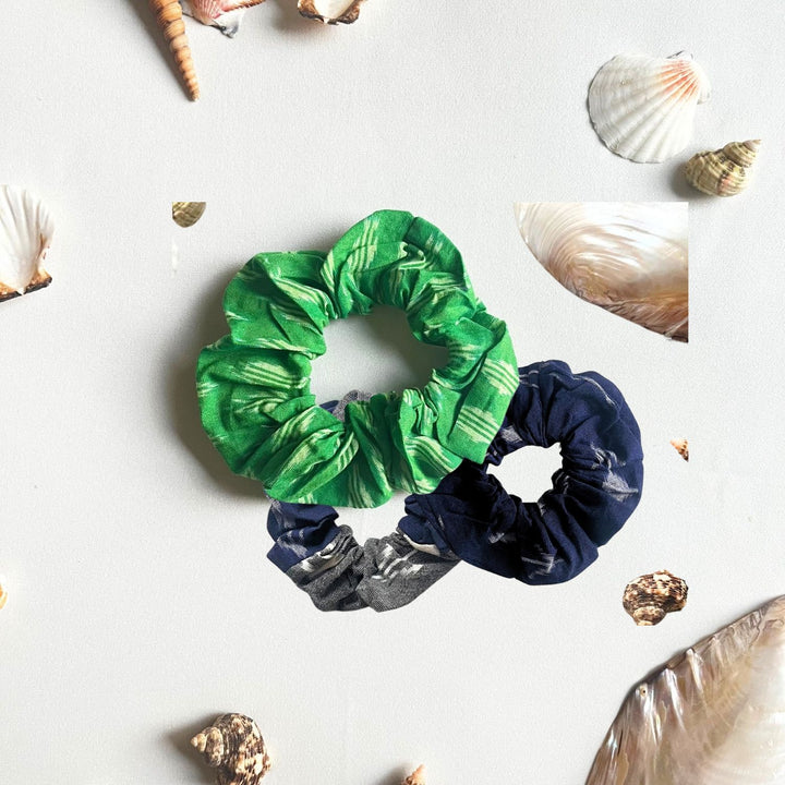 Hair Scrunchies | For Tangle Free Hair | Soft on Hair | Ikat | Set of 3 | Green & Navy