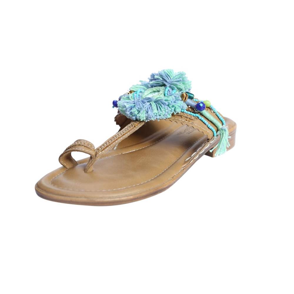Khaki Kolhapuri | Made with Peppermint & Sea Green Thread