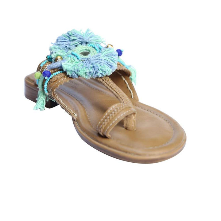 Khaki Kolhapuri | Made with Peppermint & Sea Green Thread