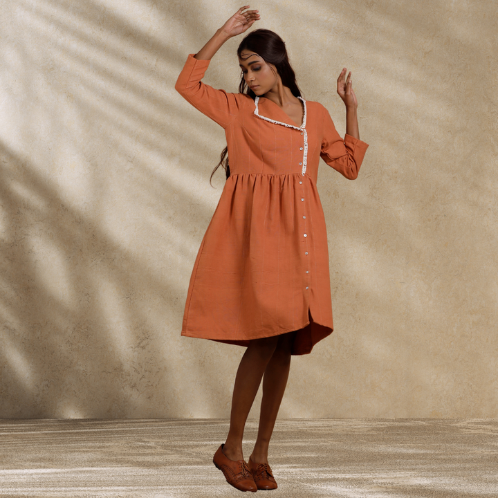 Knee Length Women Dress | Day Wear | Breathable Cotton | Rust Orange