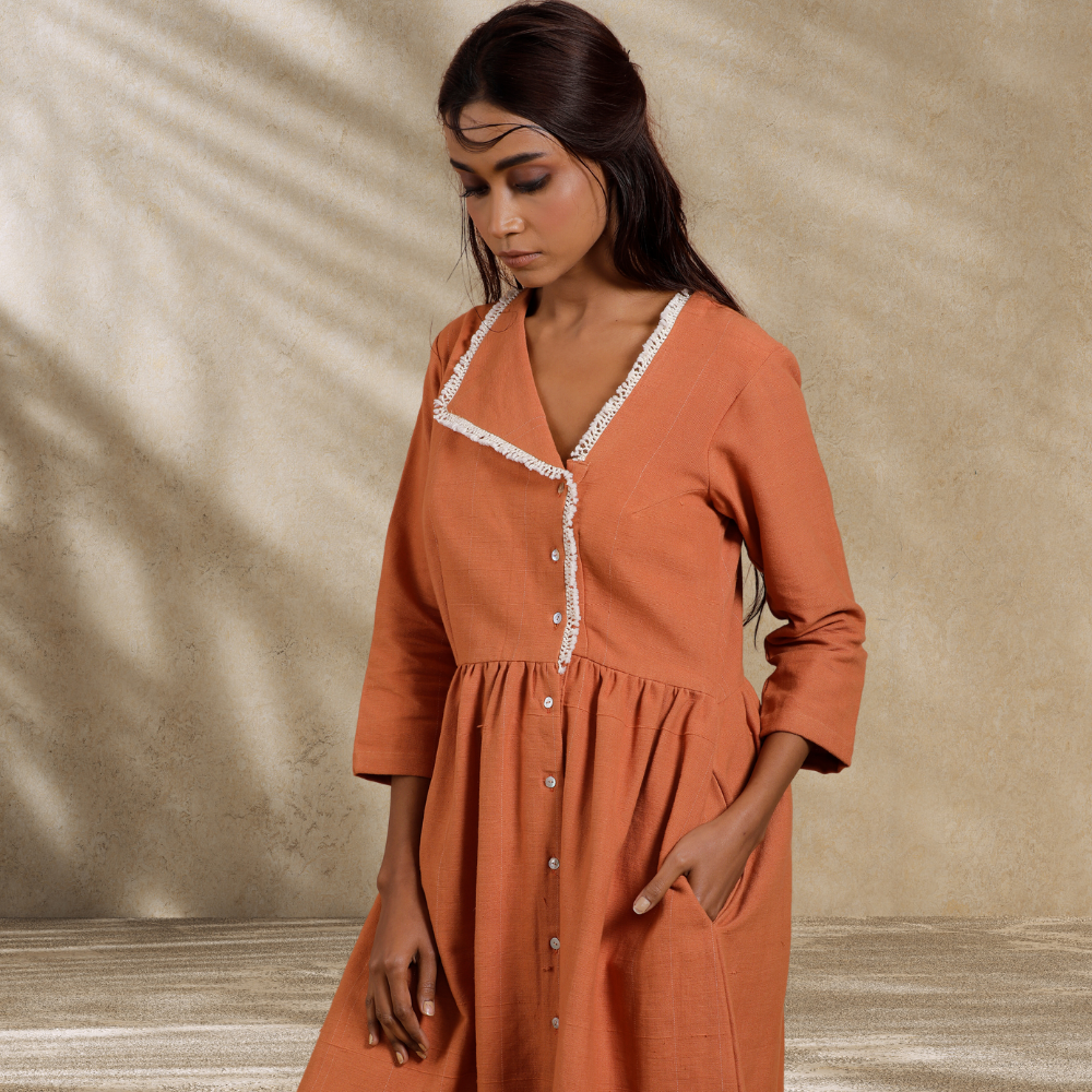 Knee Length Women Dress | Day Wear | Breathable Cotton | Rust Orange