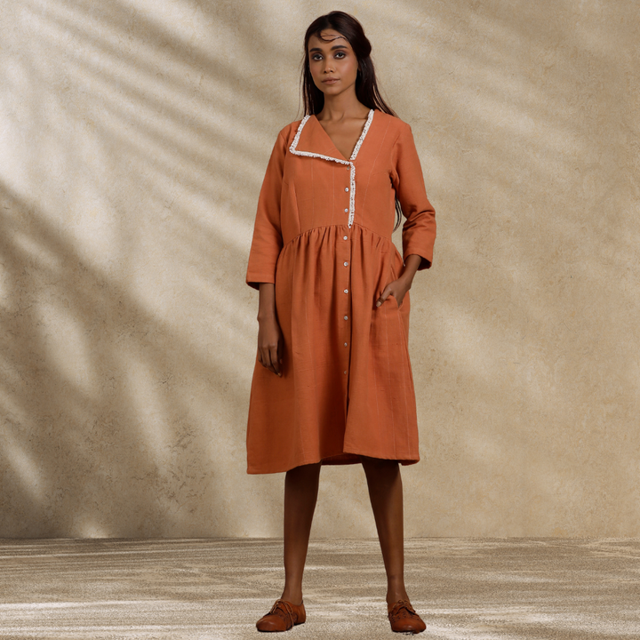 Knee Length Women Dress | Day Wear | Breathable Cotton | Rust Orange