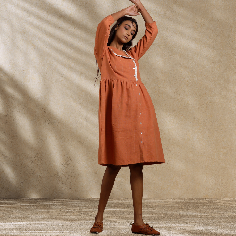 Knee Length Women Dress | Day Wear | Breathable Cotton | Rust Orange