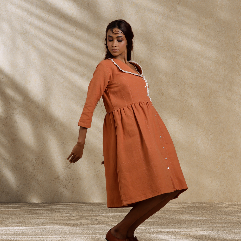 Knee Length Women Dress | Day Wear | Breathable Cotton | Rust Orange