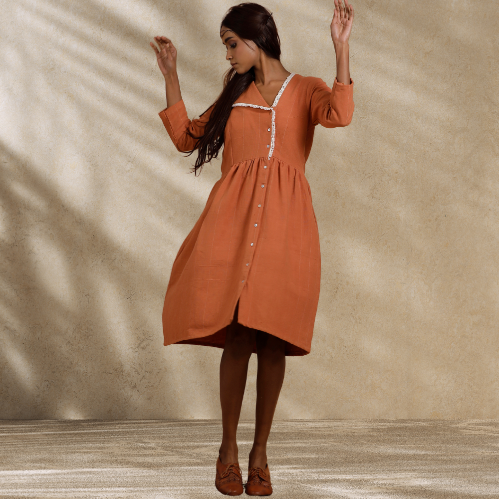 Knee Length Women Dress | Day Wear | Breathable Cotton | Rust Orange
