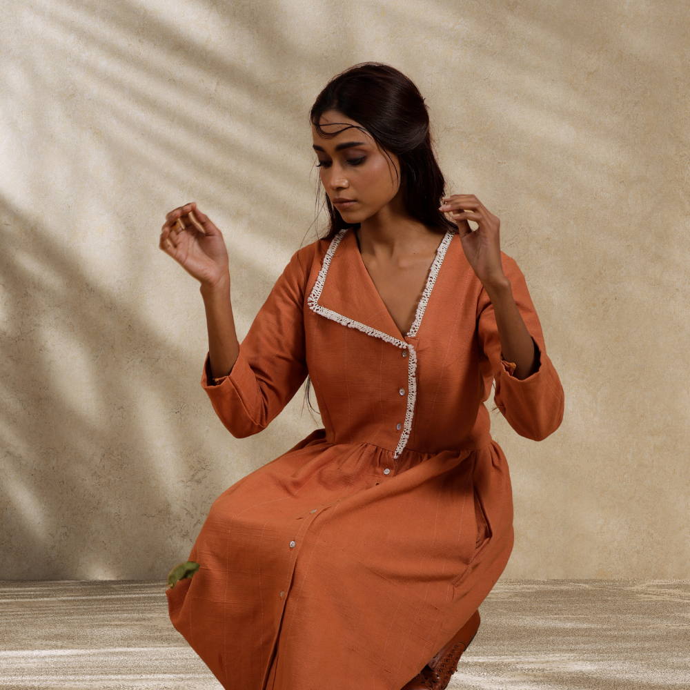 Knee Length Women Dress | Day Wear | Breathable Cotton | Rust Orange
