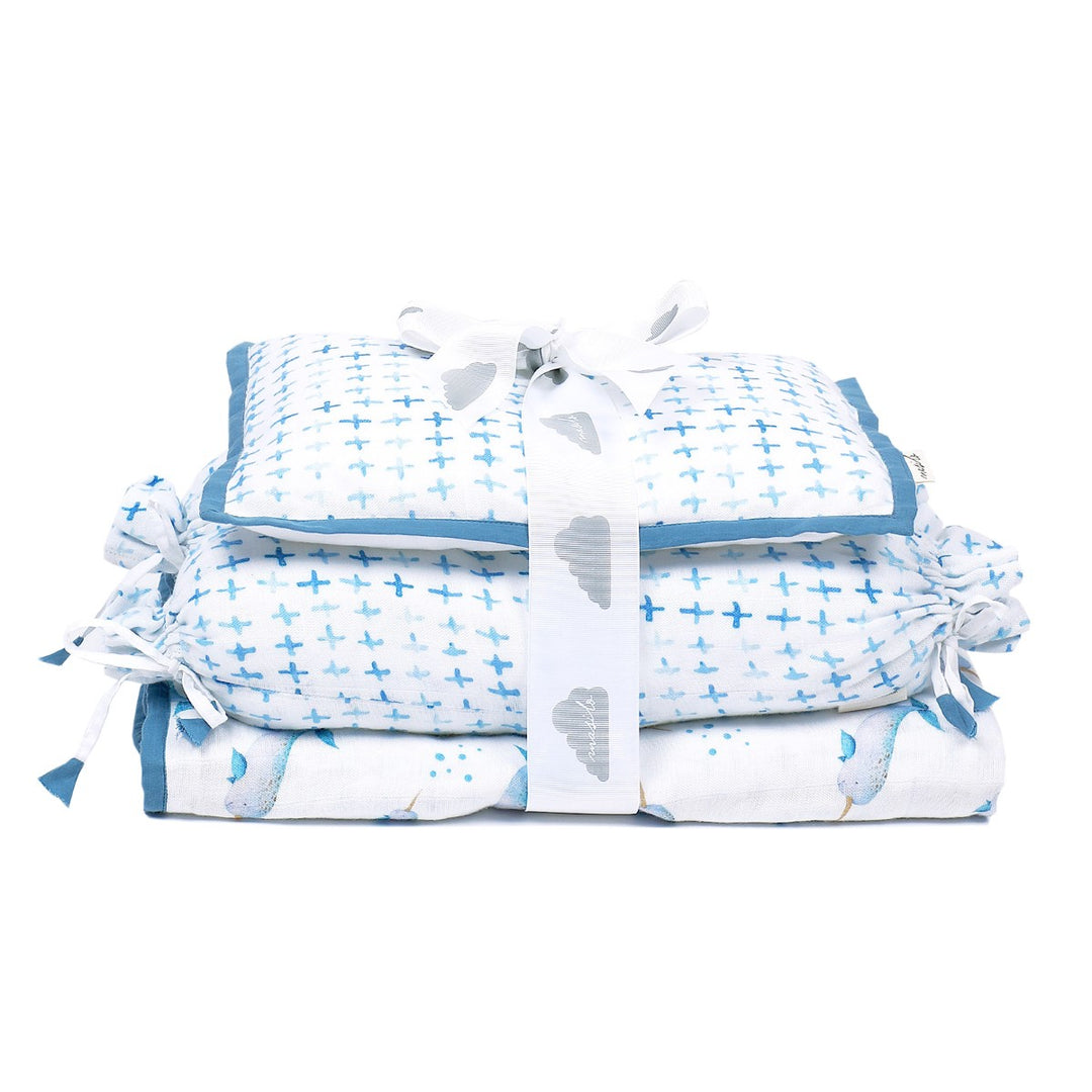 Light Blue Mini Cot Bedding Set For Babies | Cotton | Set Of 4