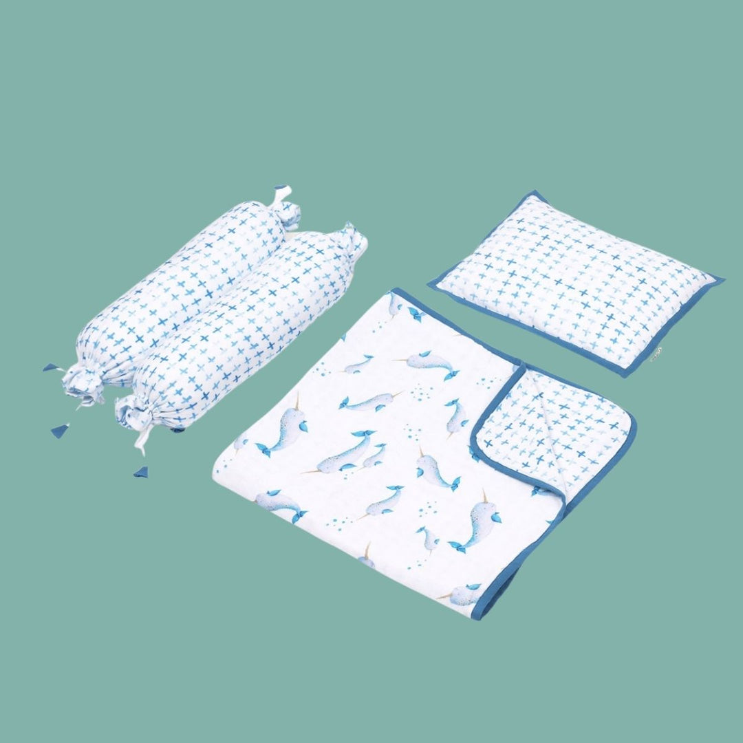 Light Blue Mini Cot Bedding Set For Babies | Cotton | Set Of 4