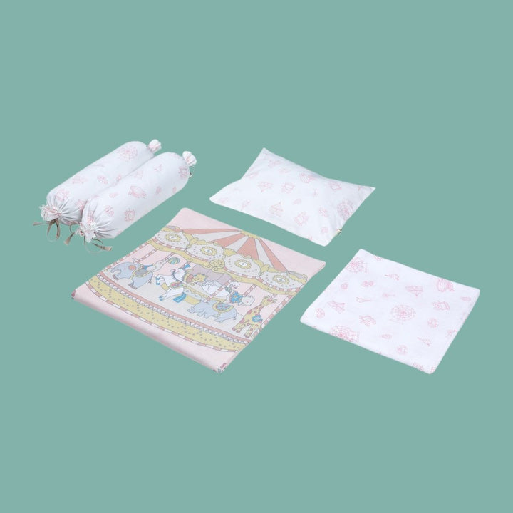 Light Pink Cot Dohar Bedding Set For Babies | Soft Cotton | Set Of 5