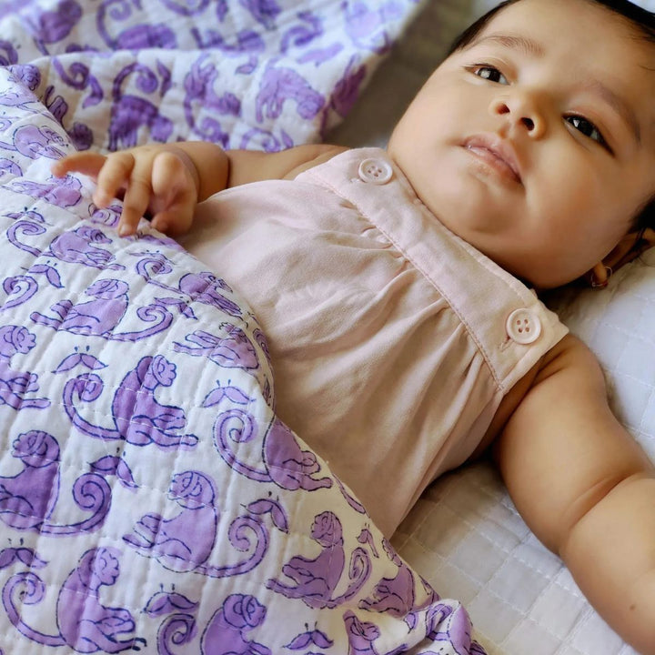 Light and Soft Muslin Blanket For Baby | Monkey Hand Block Printed | Violet & White 