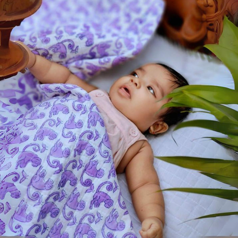 Light and Soft Muslin Blanket For Baby | Monkey Hand Block Printed | Violet & White 