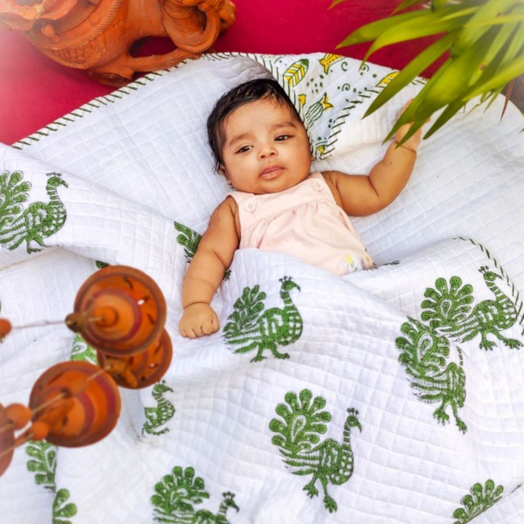 Lightweight And Soft Muslin Blanket For Infants | Peacock Print | White And Green