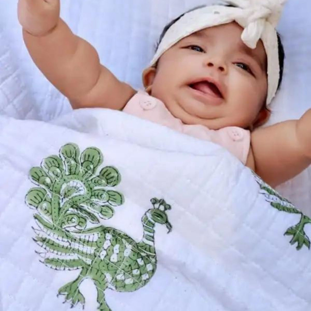 Lightweight And Soft Muslin Blanket For Infants | Peacock Print | White And Green