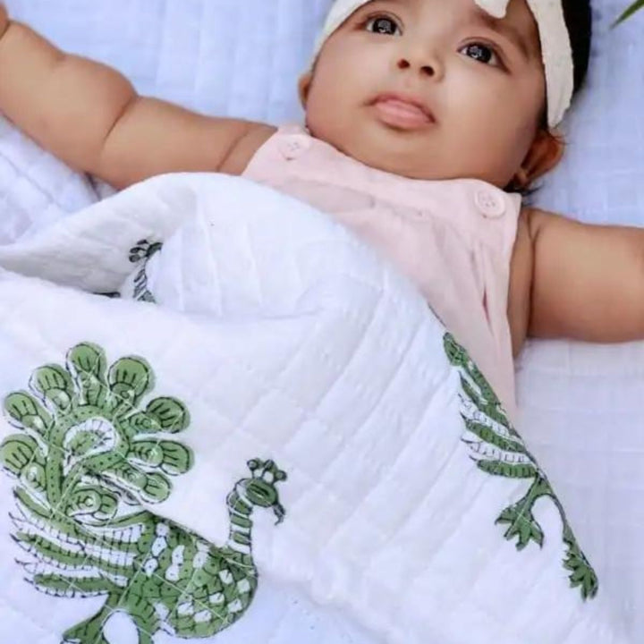 Lightweight And Soft Muslin Blanket For Infants | Peacock Print | White And Green